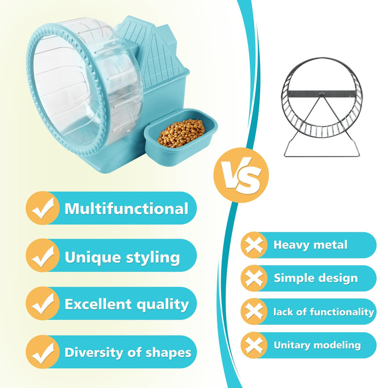 Silent Hamster Wheel 7Inch Multifunctional Hamster Wheel Quite Running Spinner Wheel Accessories with Food Bowl Water Bottle for Hamsters Dwarf Gerbil Hedgehog Chinchilla (Blue) Blue - PawsPlanet Australia