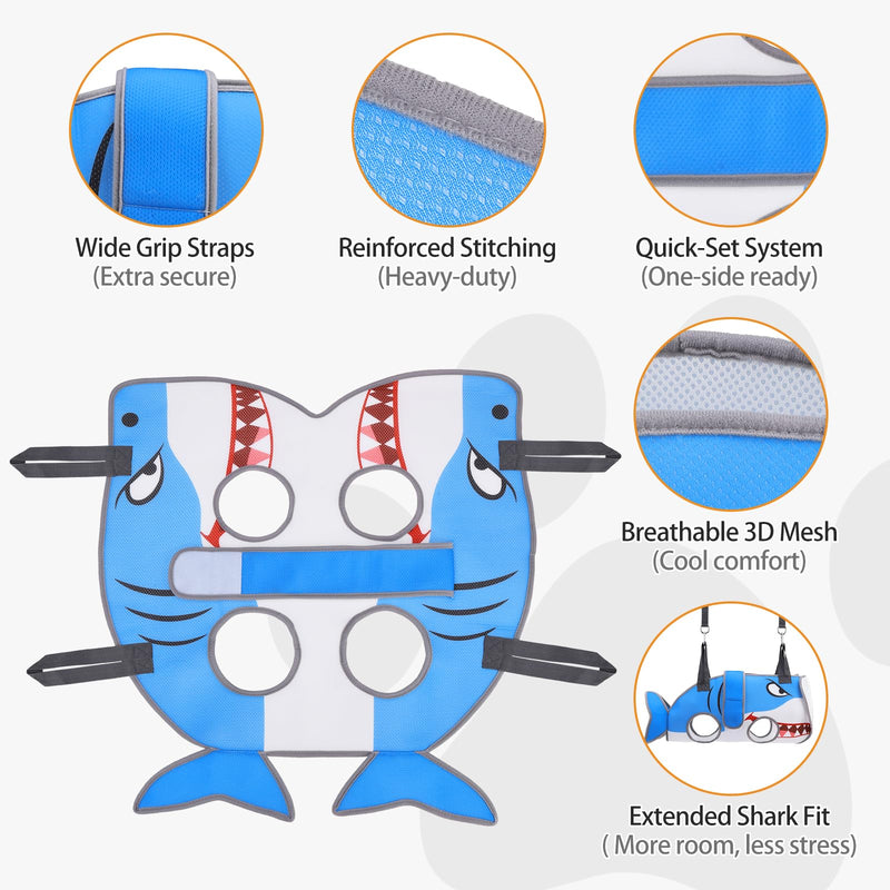 Dog Grooming Hammock for Small Dogs Cats, Cute Shark Design Dog Hanging Harness for Nail Trimming/Clipping, Pet Sling with Grooming Kit and Thick Neck Support & Strap Restraint Claw Care, S Blue Shark - PawsPlanet Australia