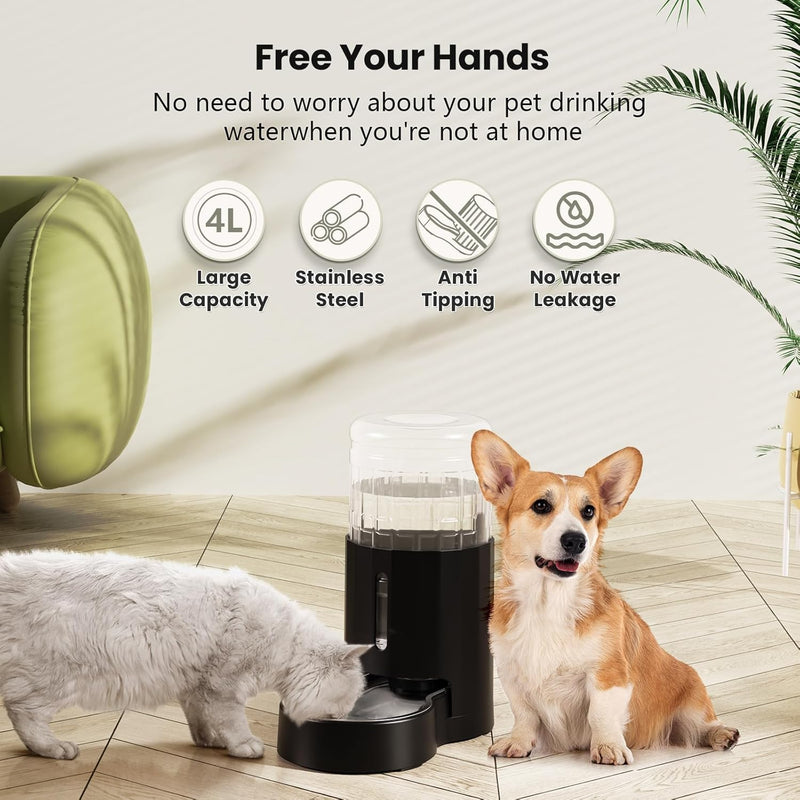 CZPET Automatic 4L/135Oz/1Gal Cat Water Dispenser with Stainless Steel Bowl, Gravity Waterer for Small Medium Dog Puppy Kitten (Black) Black - PawsPlanet Australia