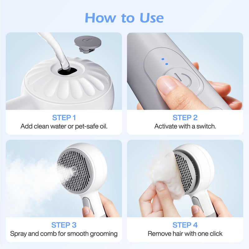 Steam-Like Spray Cat Brush - 3-in-1 USB Rechargeable Deshedding & Self-Cleaning Brush with Water Mist for Long & Short Hair Cats Dogs, Waterproof, 2 Speed Settings