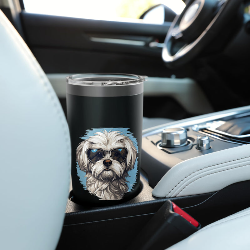 Maltese Dog Breed Pet with Sunglasses Stainless Steel Insulated Tumbler Black 20 Ounces