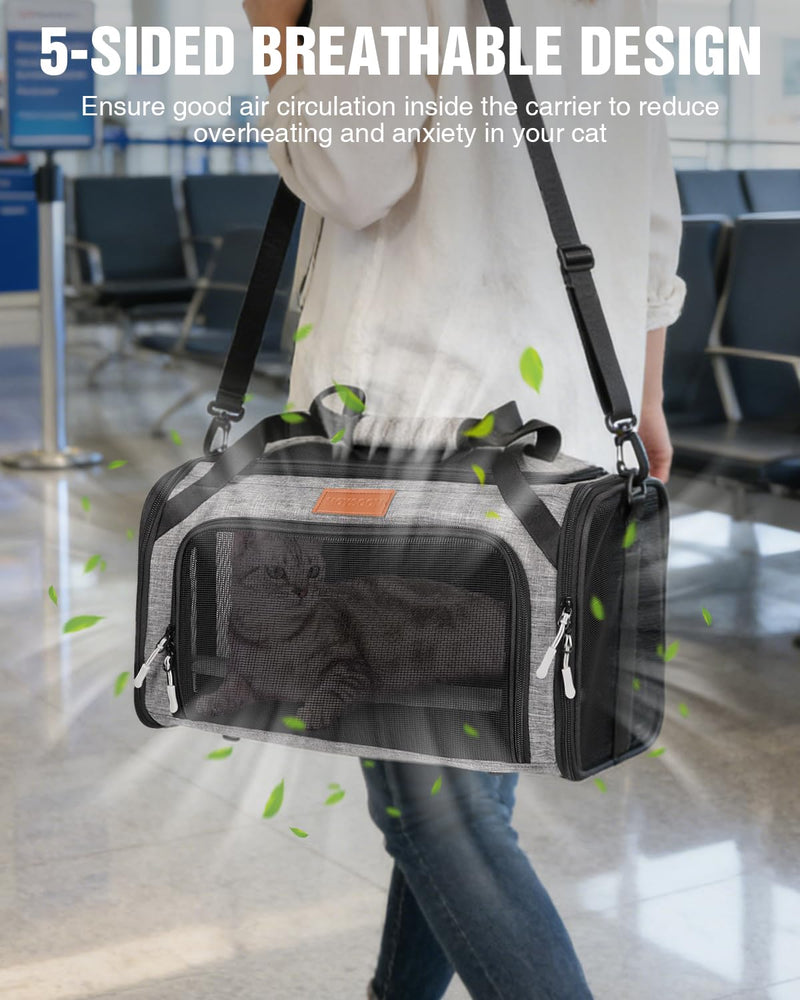 PETUX Top and Side Expandable Pet Carrier for Small Pets Up to 10 lb - 17 x 11 x 9.5 in, Underseat, Soft-Sided Airline Approved Cat Dog Carrier, with Safety Buckle and Anti-Scratch Mesh - Grey - PawsPlanet Australia