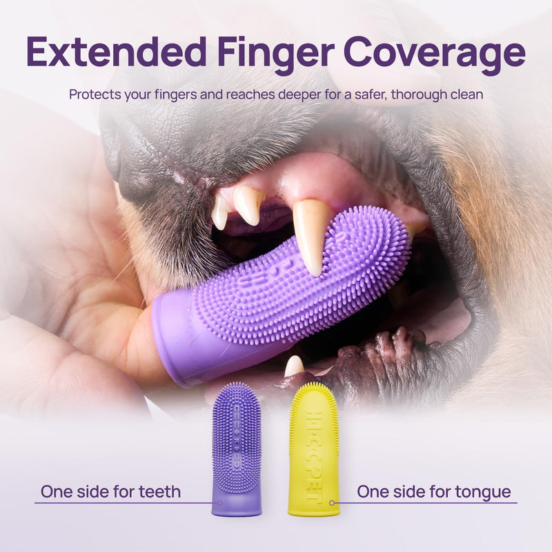 HICC PET Dog Finger Toothbrush Pack, 360° Silicone Pet Toothbrush for Plaque and Tartar Cleaning, Dog & Cats Teeth Cleaning with Protective Case, Safer & Softer Liquid Silicone (Yellow&Purple, 2 Pack) Yellow&purple