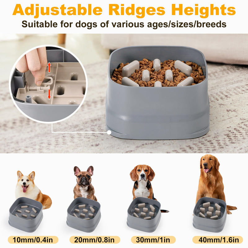 Sunhoo Slow Feeder Dog Bowls Large Breed Puppy Puzzle Feeding Dish Maze Feed Bowl Small Medium Dogs Plate Adjustable Ridges to Slower Down Eating Anti-slip Easy to Clean Indoor Use 7.5*7.5*4 in(Grey) Grey - PawsPlanet Australia