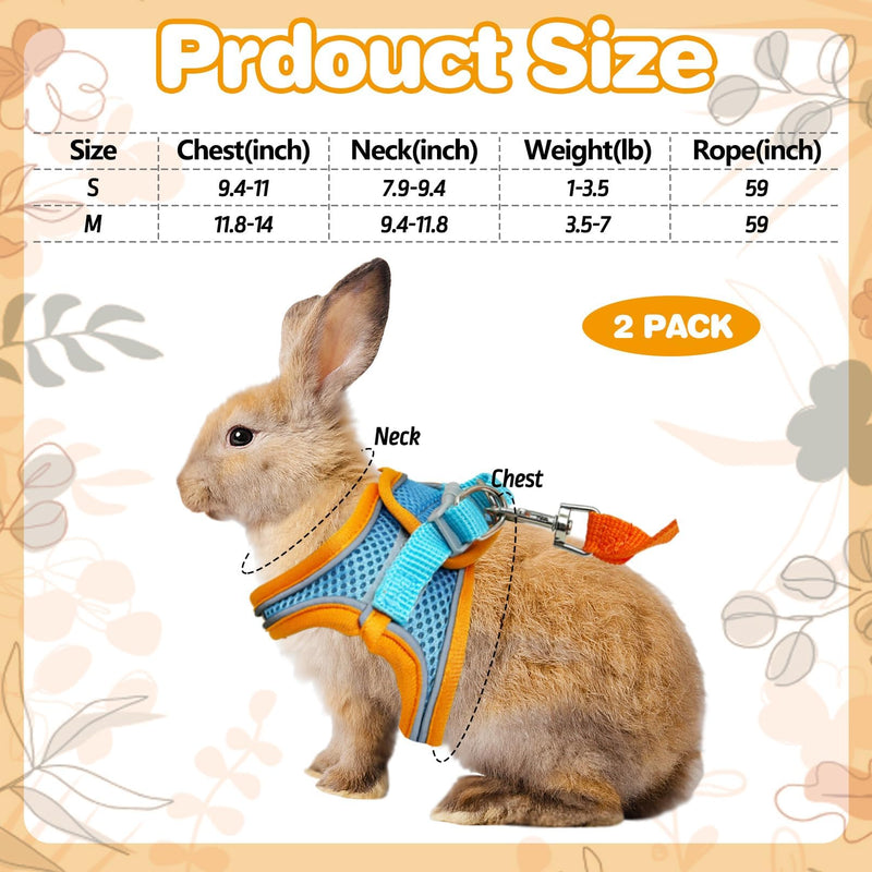 PINVNBY 2 Pack Bunny Hsrness and Leash Set Adjustable Rabbit Harness with Reflective Strips Double Buckle Pet Vest Eescape Proof for Small Rabbit Kitten Puppy Walks Accessories (Orange Blue, M) Orange Blue(Mesh Style) - PawsPlanet Australia