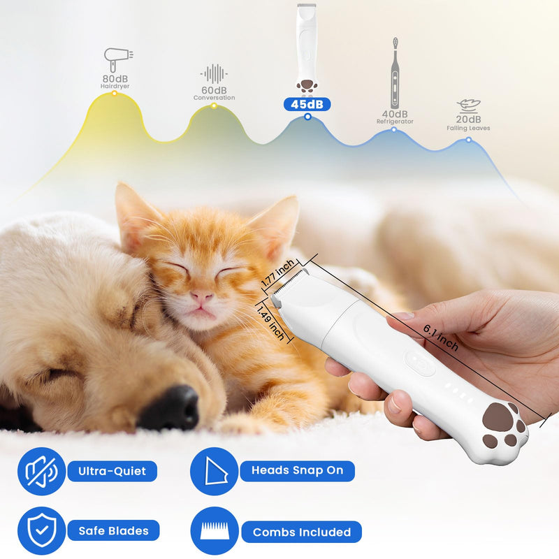 Dog Clippers for Grooming - 4-in-1 Dog Clippers Grooming Kit with Low Noise & IPX7 Waterproof Design Includes Comb Paw Trimmer Nail Grinder - Rechargeable & Cordless Dog paw Trimmer?White?