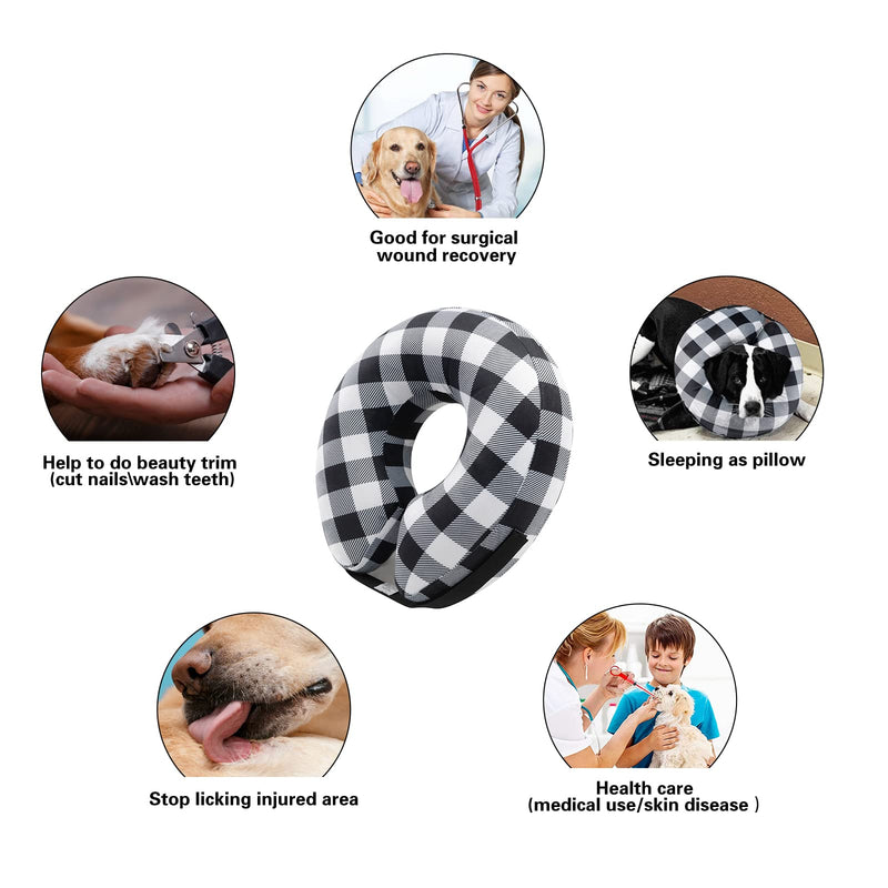 CuteBone Inflatable Dog Neck Donut with Removable Soft Fleece Covers for Small/Medium/Large Dogs and Cats After Surgery GWB03XL Black white plaid X-Large - PawsPlanet Australia