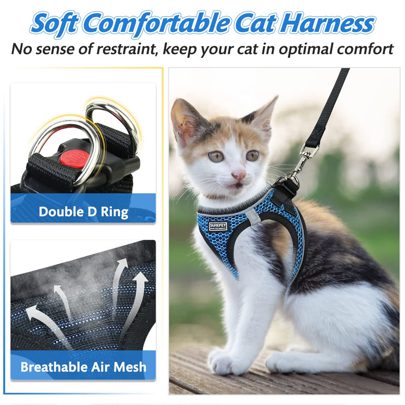 Cat Harness and Leash Set for Walking Escape Proof,Adjustable Soft Mesh Kittens Harness Vest with Reflective Strip for Small Cats,Easy to Control S Blue - PawsPlanet Australia