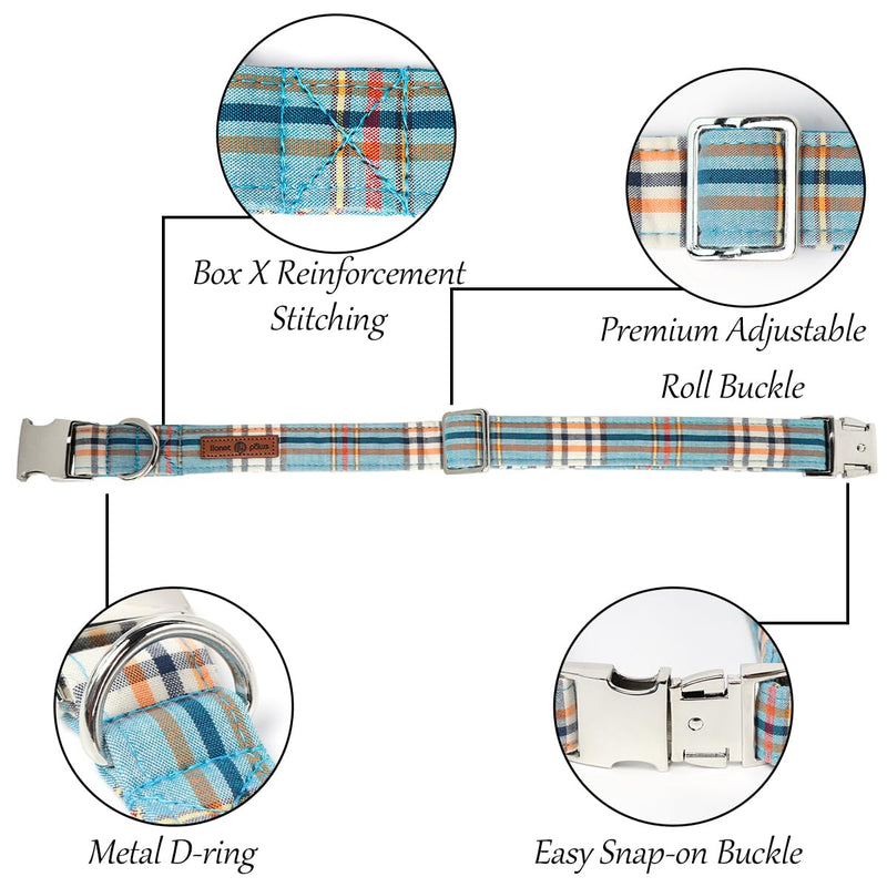 Lionet Paws Boy Dog Collar, Comfortable Adjustable Cute Blue Plaid Collar with Metal Buckle for Male Dogs, Medium, Neck 13.5-22 inches Medium (Pack of 1) Blue Grid - PawsPlanet Australia