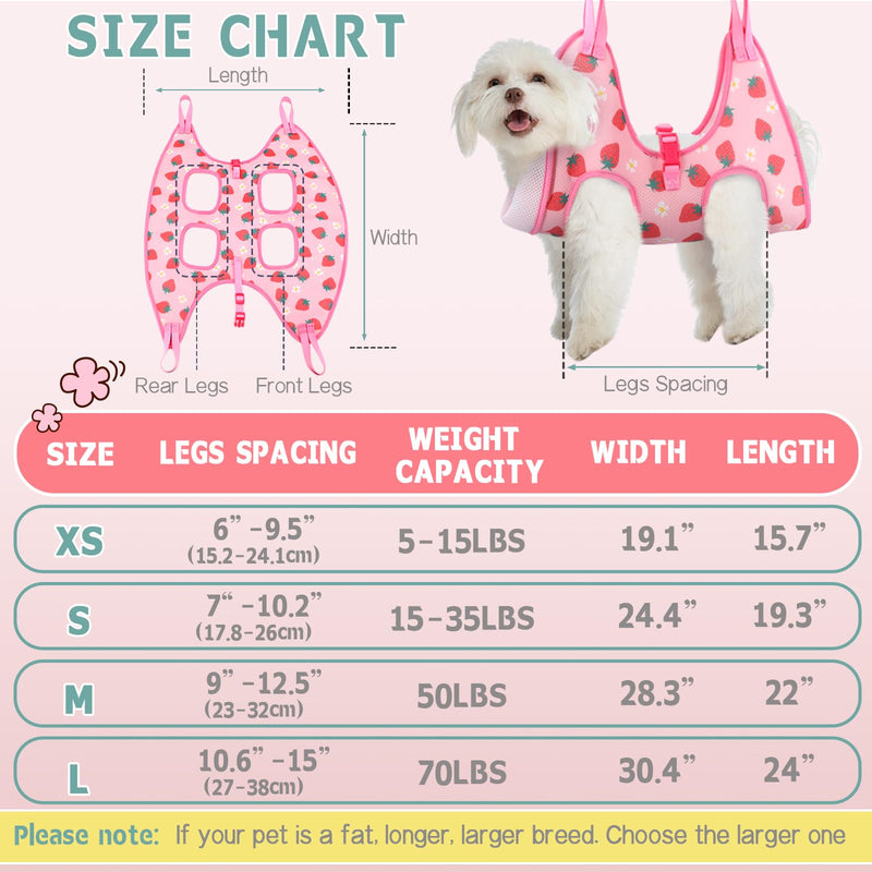 Supet Dog Grooming Hammock, New Small Sling for Nail Trimming, Back Protect Hanging Harness for Claw Care, Dog Nail Trimming Restraint with Thick Fabric M（ Legs Spacing：9"-12.5" / Max W：50LBS ） Strawberry - PawsPlanet Australia