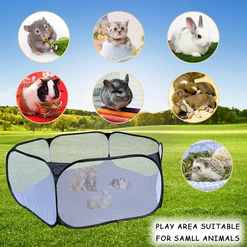 2-Pack Guinea Pig Carrier and Playpen Set - Breathable Pet Playpen Pop Open Outdoor/Indoor Exercise Fence, Portable Small Animal Backpack for Bearded Dragon, Rabbits, Hamster, Chinchillas Black TPU Carrier+Playpen