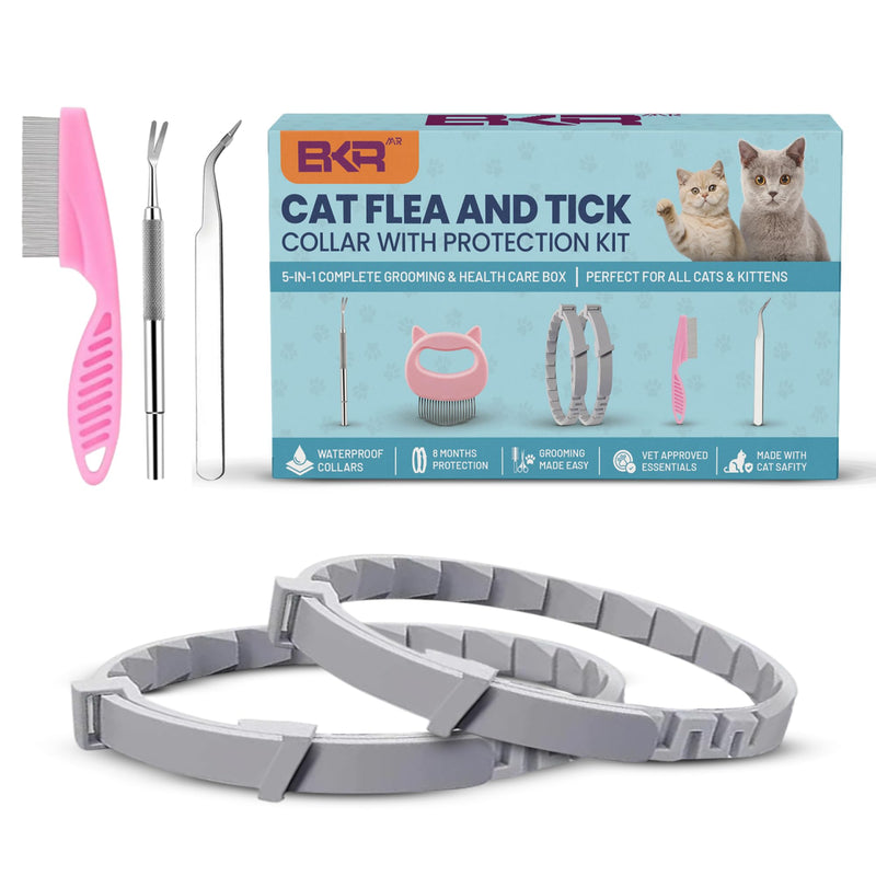Cat Flea and Tick Collar 8-Month Protection Natural Flea Collar for Cats & Kittens with Flea Comb, Shell Comb, Tick Tweezers & Tick Removal Tool | 5-in-1 Cat Flea Collar & Protection Kit Set