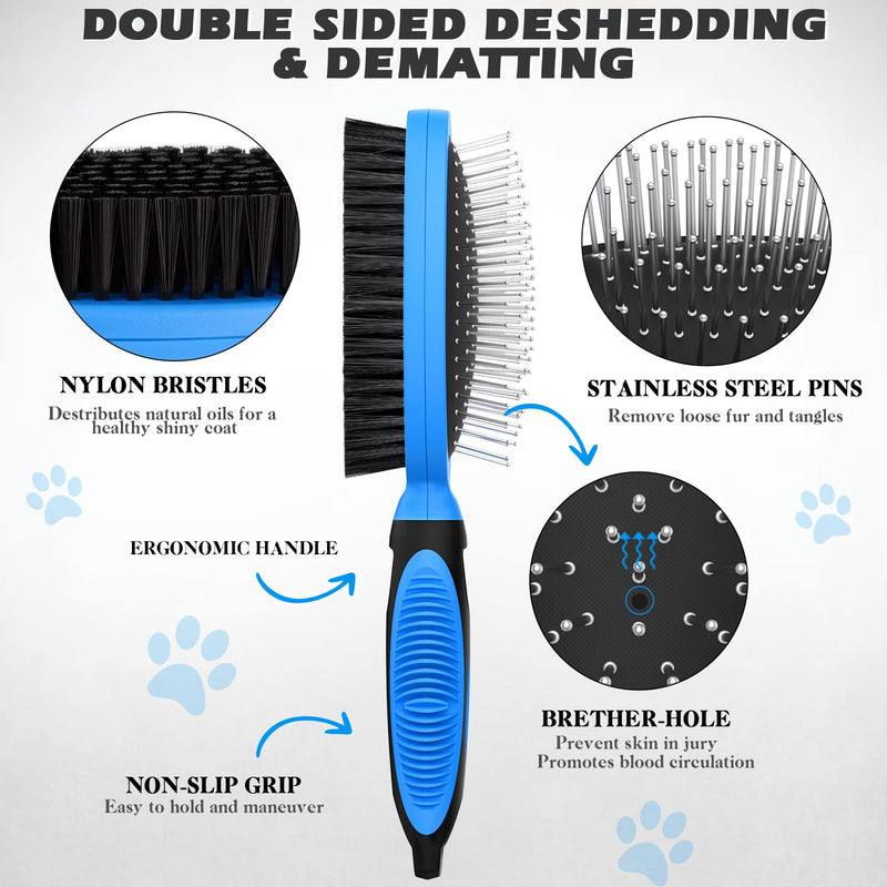 2PCS Pet Grooming Tools - Double-Sided Brush for Shedding and Bathing, Suitable for Short/Long Haired Dogs Cats and Horses, Deshedding Dog Brush, Mane & Tail Combs for Horses - Pet Supplies (Blue) Black Blue