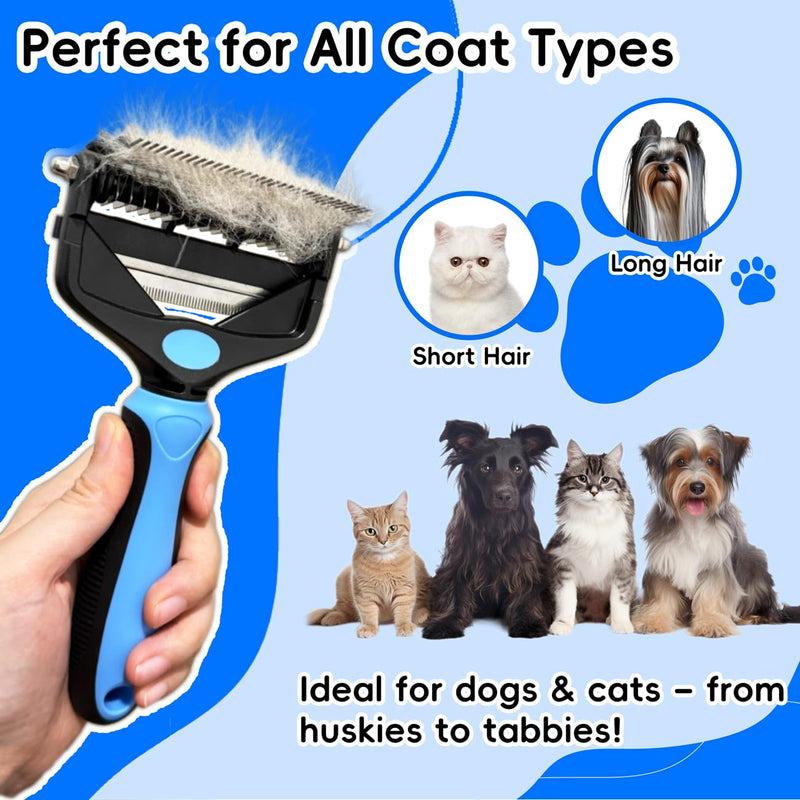 3-in-1 Pet Deshedding Tool – Grooming Brush for Dogs & Cats with Undercoat Rake & Dematting Comb (Blue) - PawsPlanet Australia