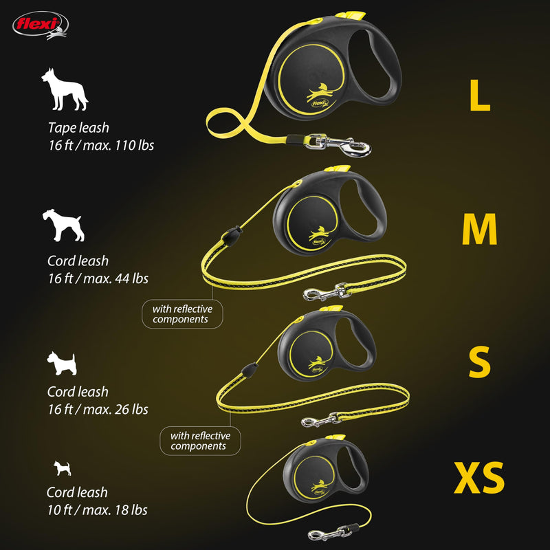 FLEXI New Fun Neon Retractable Dog Leash, Comfortable and Stylish, Medium - Cord, 16-Feet, Black with Neon, up to 44 lbs Medium - Cord - 16ft - PawsPlanet Australia
