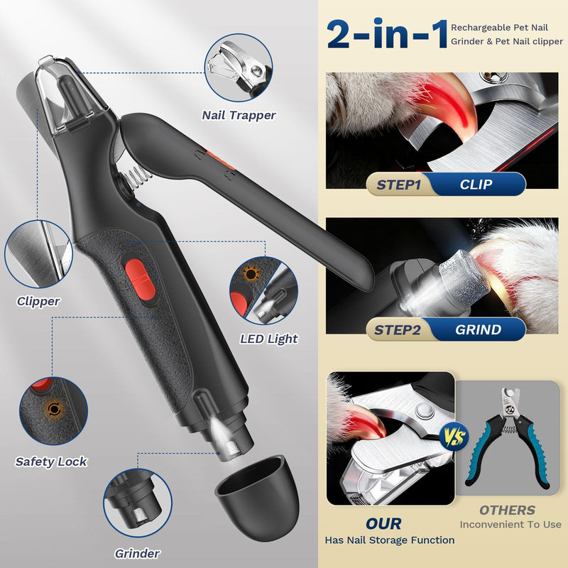 2 in 1 Dog Nail Clippers & Cat Nail Clippers Trimmers for Large Medium Small Dogs Cats Claw Trimmer Quick Sensor and Safety Guard USB Rechargeable Dogs Nail Trimmer with Catcher & 2 LED Lights Black - PawsPlanet Australia