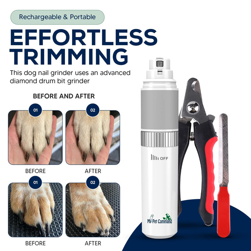 My Pet Command Cordless Dog Nail Grinder Quiet Low Noise for Large Medium Small Dogs and Cats, Powerful Variable Speed Motor Rechargeable Pet Claw Trimmer with an Extra Diamond Bit, Clipper and File - PawsPlanet Australia