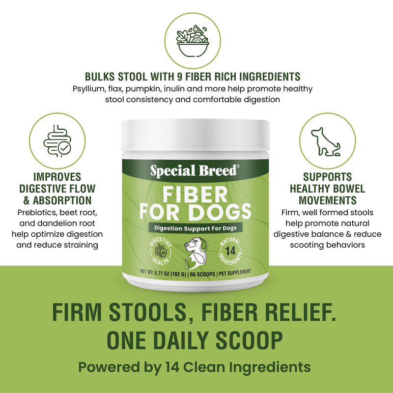 Fiber for Dogs – 9X Fiber Power - Digestive Supplement Powder with 14 Natural Ingredients – Supports Firm Stools & Gut Health Treatment– 60 Scoops
