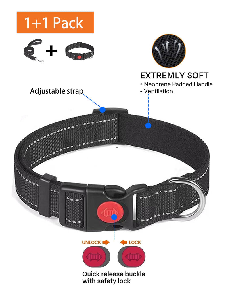 Aeclleca Reflective Dog Collar and Leash Set with Safety Locking Buckle，Adjustable Soft Nylon Pet Collars for Small Medium Dogs (Black, S) Black - PawsPlanet Australia