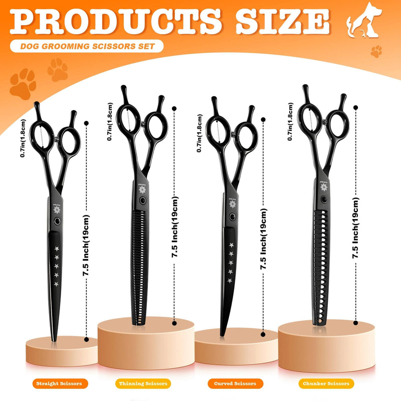 Dream Reach Dog Grooming Scissors - Professional 7.5 Inch Pet Scissors Sharp and Durable Shears Set Thinning, Chunker, Straight, Curved Shears and Comb for Dog Cat Pet, Black - PawsPlanet Australia
