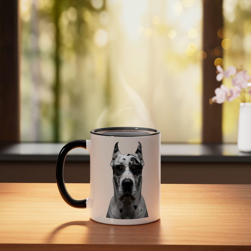 Spotted Dog Sunglasses Cool Minimalist Pet Portrait Ceramic Mug, Black/White 11 Ounces