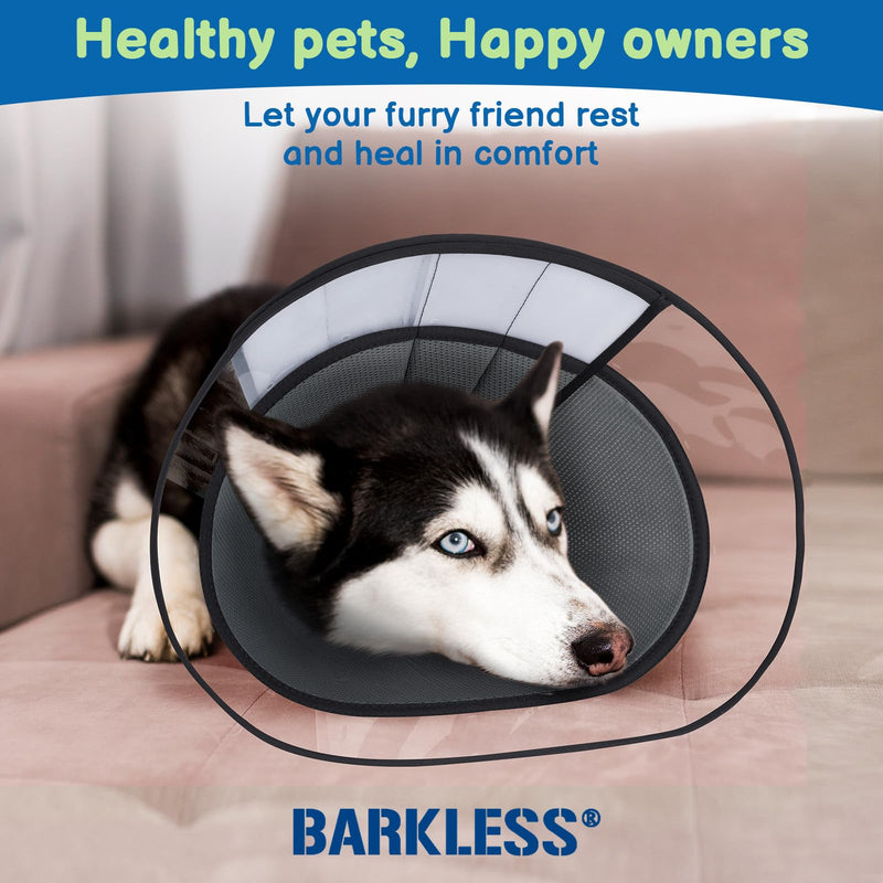 BARKLESS Soft Dog Cone, Soft Cone for Dogs to Stop Licking Biting Wounds, Breathable E Collar for Dog After Surgery, Adjustable Transparent Elizabethan Collar for Dogs Neuter Incision Care Dark Grey S