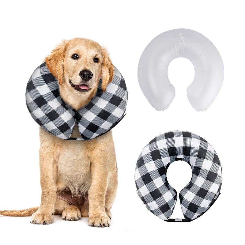 CuteBone Inflatable Dog Neck Donut with Removable Soft Fleece Covers for Small/Medium/Large Dogs and Cats After Surgery GWB03XL Black white plaid X-Large