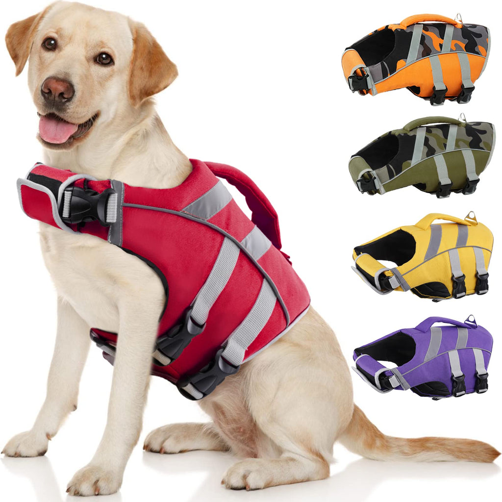 Kuoser Dog Life Jacket with Reflective Stripes, Adjustable High Visibility Dog Life Vest Ripstop Dog Lifesaver Pet Life Preserver with High Flotation Swimsuit for Small Medium and Large Dogs X-Large (Chest Girth:25.9-33.4'') 1#Red