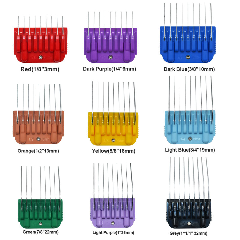Professional Animal Stainless Steel Attachment 9 Color Guide Comb Set,Compatible with Andis, Oster A5, Wahl KM Series Clipper Detachable Blade Pet, Dog, Cat, and Horse Clippers