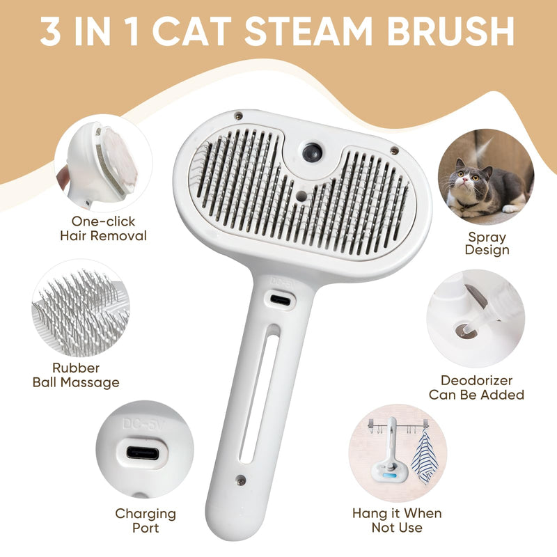 3-in-1 Cat Steam Brush – Pet Grooming & Shedding Comb with Gentle Steam Spray, One-Click Hair Release, Steam Pet Brush for Long & Short Hair Cats & Dogs (White) - PawsPlanet Australia