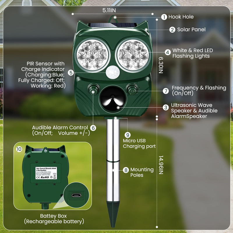 Solar Ultrasonic Animal Repellent Outdoor Cat Repellent Outdoor Motion Activated Animal Repeller Waterproof Cat Deterrent to Scare Skunk Rabbit Raccoon Dog Squirrel Deer for Yard Green
