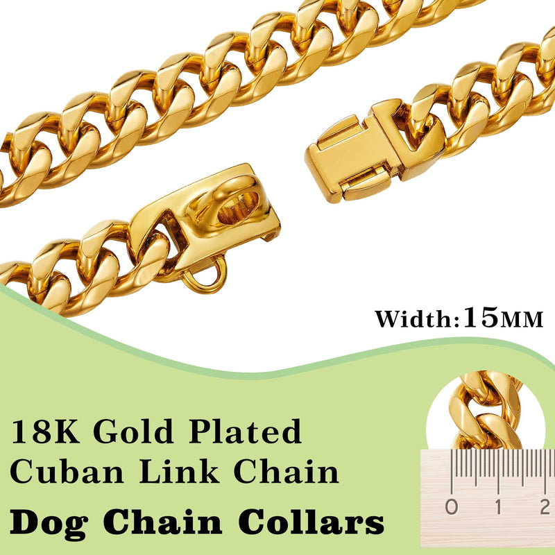 Stainless Steel Silver Gold Dog Collars with Safety Buckle Lock,18K Cuban Link Chain Training Collar,15MM Strong Dog Necklace Heavy Duty Chew Proof for Small Medium Large Dog 8"(for 5"-7" Neck) - PawsPlanet Australia