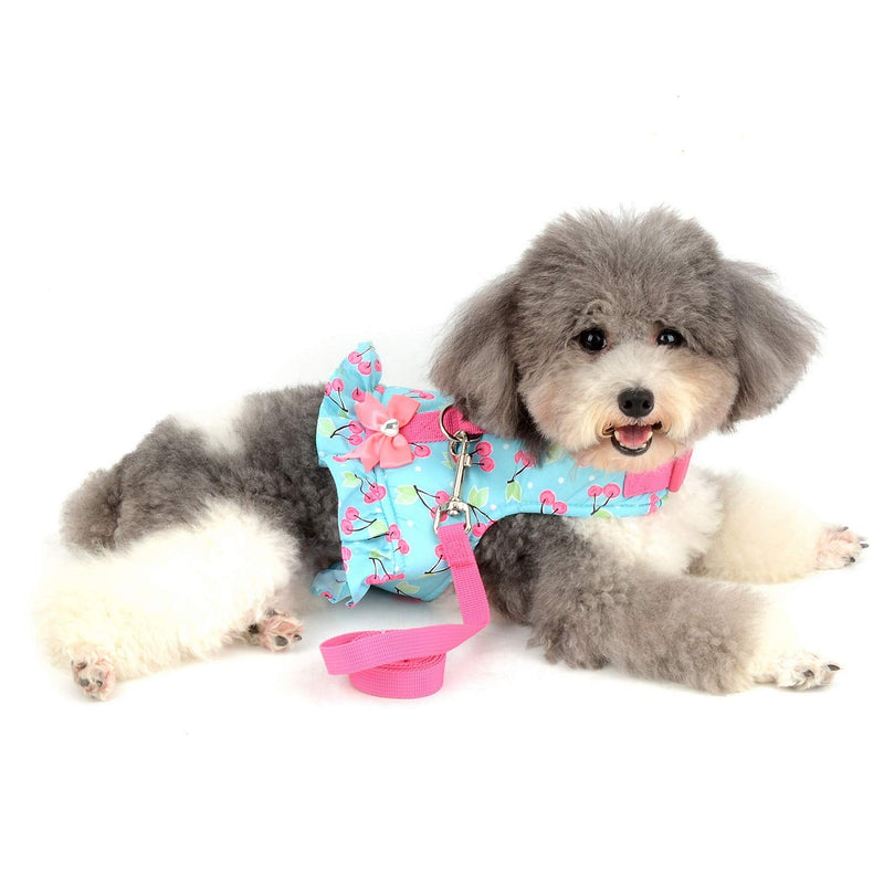 SMALLLEE_LUCKY_STORE Bow Cherry Print Cat and Small Dog Harness Dress with Leash for Girls Adjustable No Pull Escape Proof Soft Walking Jacket Waterproof Puppies Kitten Harness Vest Outdoor,Green S S(chest 14.5-15.5 Inch) blue cherry - PawsPlanet Australia