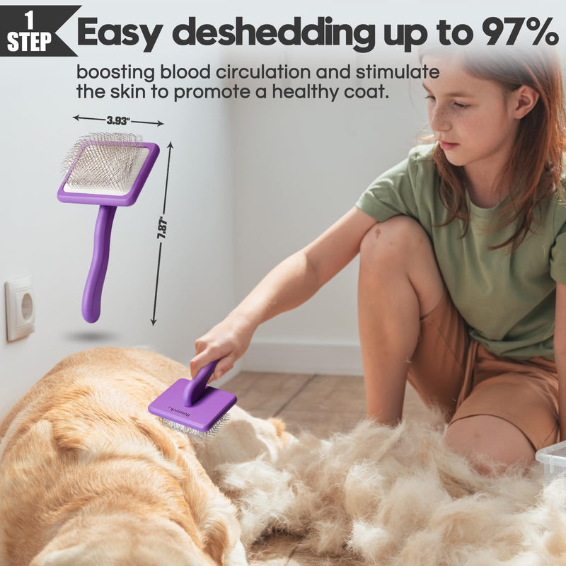 Dog Slicker Brush for Dogs Grooming Kit 4PCS | Large Dog Brush for Goldendoodles Poodles Doodles | Long Pin Haired Brush | Poodle Brushes and Comb (Purple) Purple - PawsPlanet Australia