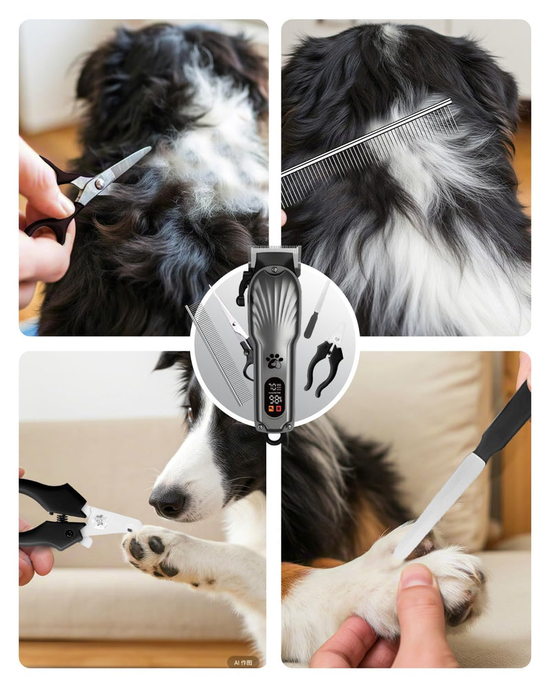 Dog Clippers Professional for Thick Hair, Pet Clippers for Dogs Cordless LED Display Low Noise Rechargeable Dog Trimmer with Grooming Nail Kits Gray