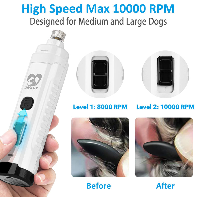 Casfuy Dog Nail Grinder with 2 LED Light for Large Medium Small Dogs - 3X More Powerful 2-Speed Electric Pet Nail Trimmer Rechargeable Quiet Painless Paws Grooming & Smoothing Tool (White) White - PawsPlanet Australia