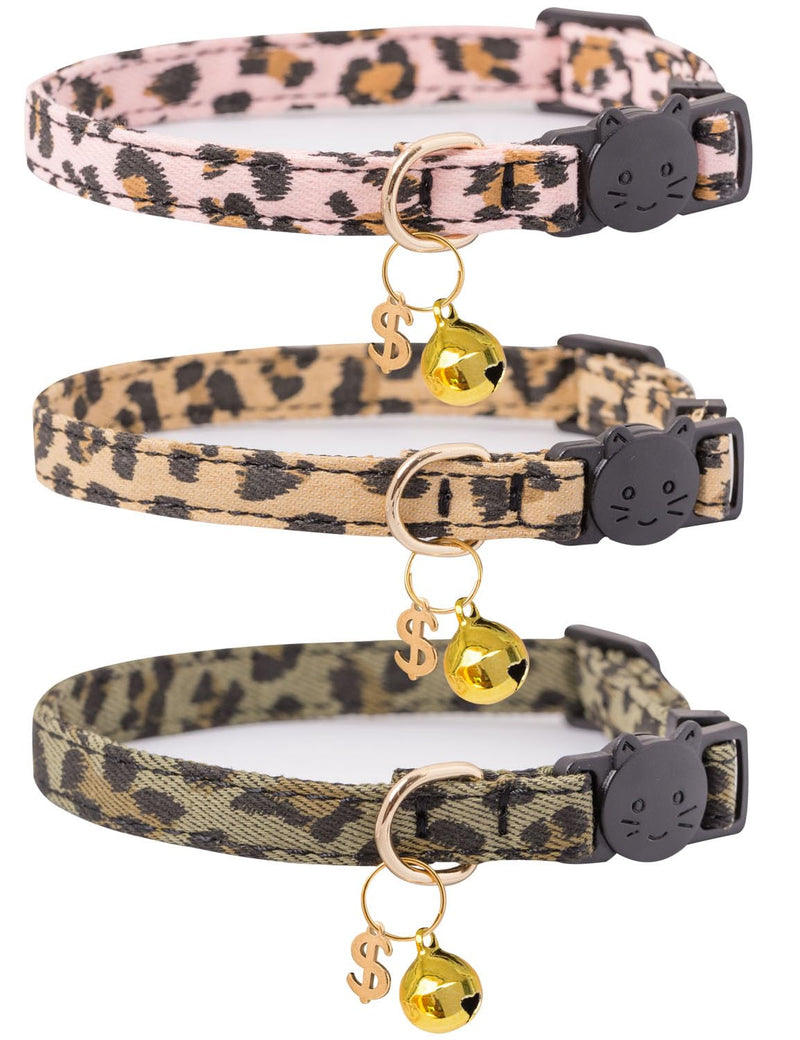 Cat Collar Breakaway with Bells,3 Pack Safety Adjustable Pet Collars,Ideal for Girl Boy Kittens. (Pink Green Brown Leopard Print) - PawsPlanet Australia