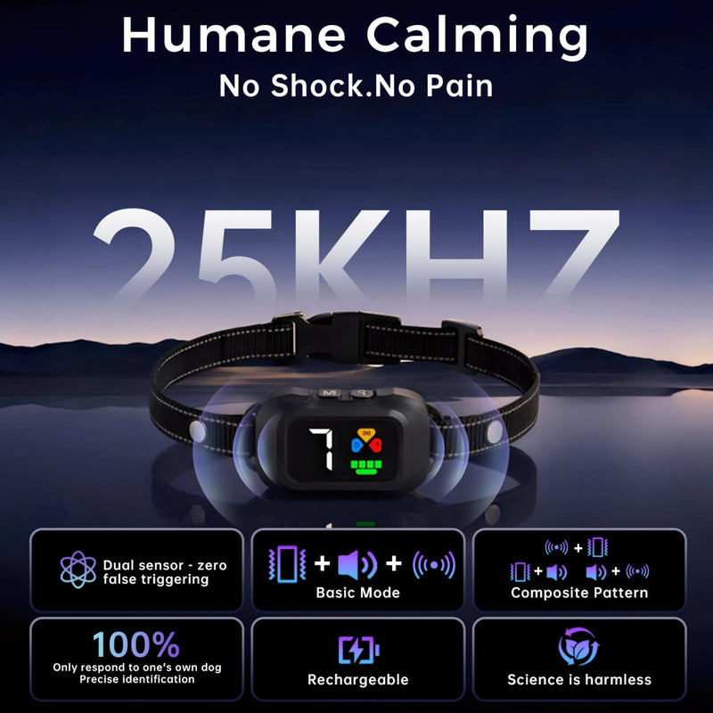 Bark Collar No Shock Humane – 25KHz Ultrasonic, Beep & Vibration Combinations, 6 Smart Modes, 7 Sensitivity Levels,Waterproof & Lightweight,Adjustable for Small,Medium & Large Dogs Black - PawsPlanet Australia