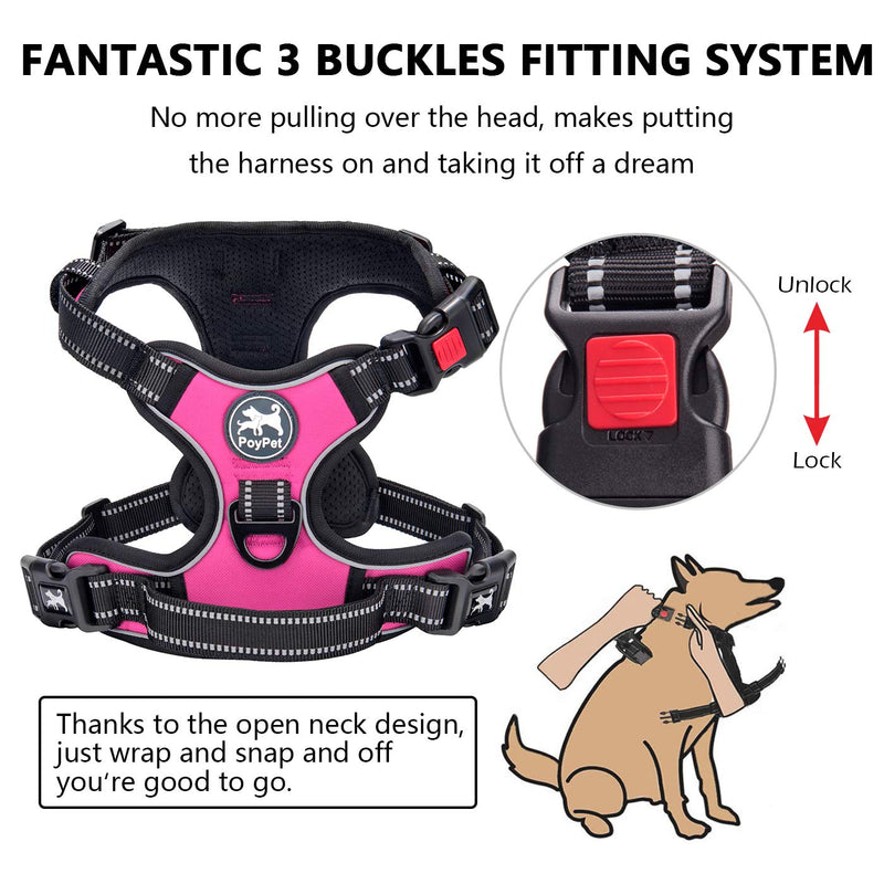 PoyPet No Pull Dog Harness, No Choke Front Clip Dog Reflective Harness, Adjustable Soft Padded Pet Vest with Easy Control Handle for Small to Large Dogs(Pink,M) Medium Pink - PawsPlanet Australia