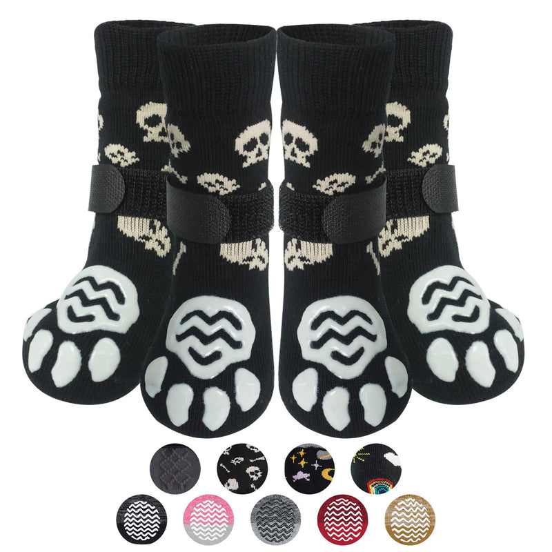 PUPTECK Anti Slip Dog Socks 2 Pairs with Double Grippers for Hardwood Floors, Shoes for Hot/Cold Pavement, Boots & Paws Protectors to Prevent Licking, Traction Booties for Senior Smll Large Dogs X-Large(2 Pair) Black(Skull)