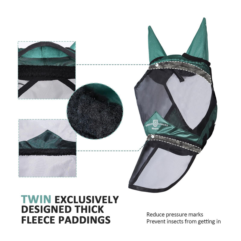 Harrison Howard Pro Luminous Horse Full Face Fly Mask Large Eye Space Long Nose with Ears UV Protection for Horse Hunter Green M