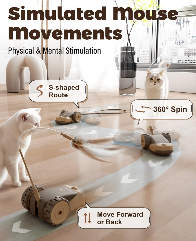 3-in-1 Interactive Cat Toy - 2-Speed Automatic Moving Mouse Cat Toys Self Play with 2pcs Hanging Feather String Ribbon and Wiggly Silicone Mice Tail for Bored Indoor Adult Cats Kittens Brown - PawsPlanet Australia