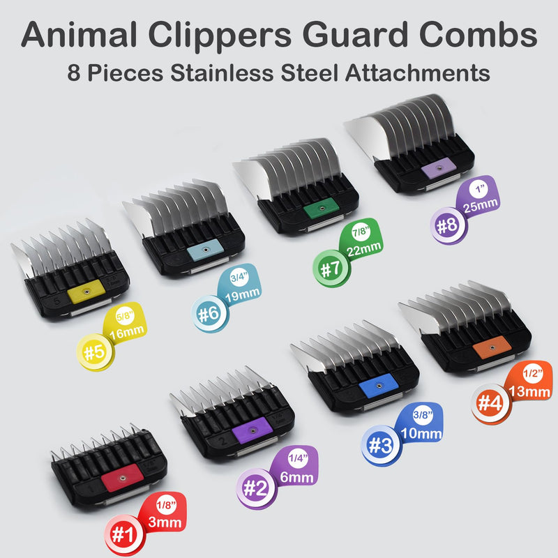 8 Pieces Professional Animal Clippers Stainless Steel A5-Style Replacement Attachment Guide Guard Combs, 3/6/10/13/16/19/22/25mm Compatible with Wahl KM2/5/10 Andis AG BG Oster A5/A6 Dog Pet Groomers