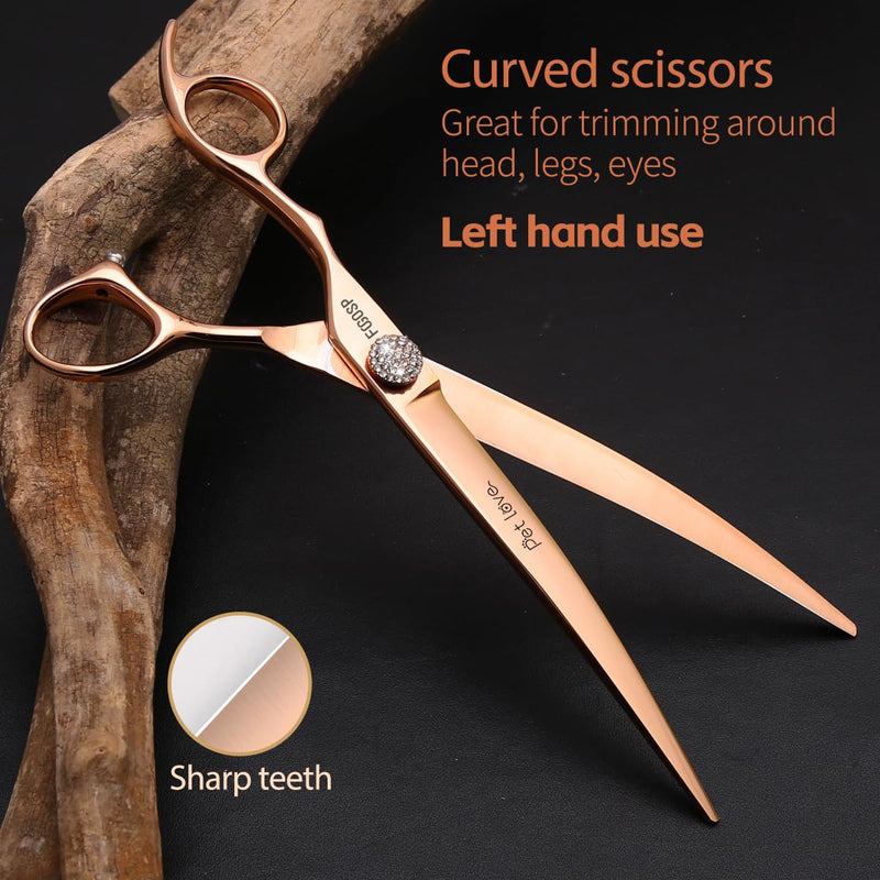 Professional Left Handed Curved Dog Grooming Scissors 8'' Downward 30° Rose Gold Titanium Japan 440C Pet Grooming Trimming Shears for Large Dog Poodle(8,Curved) 8.0‘’ Lefty Curved - PawsPlanet Australia