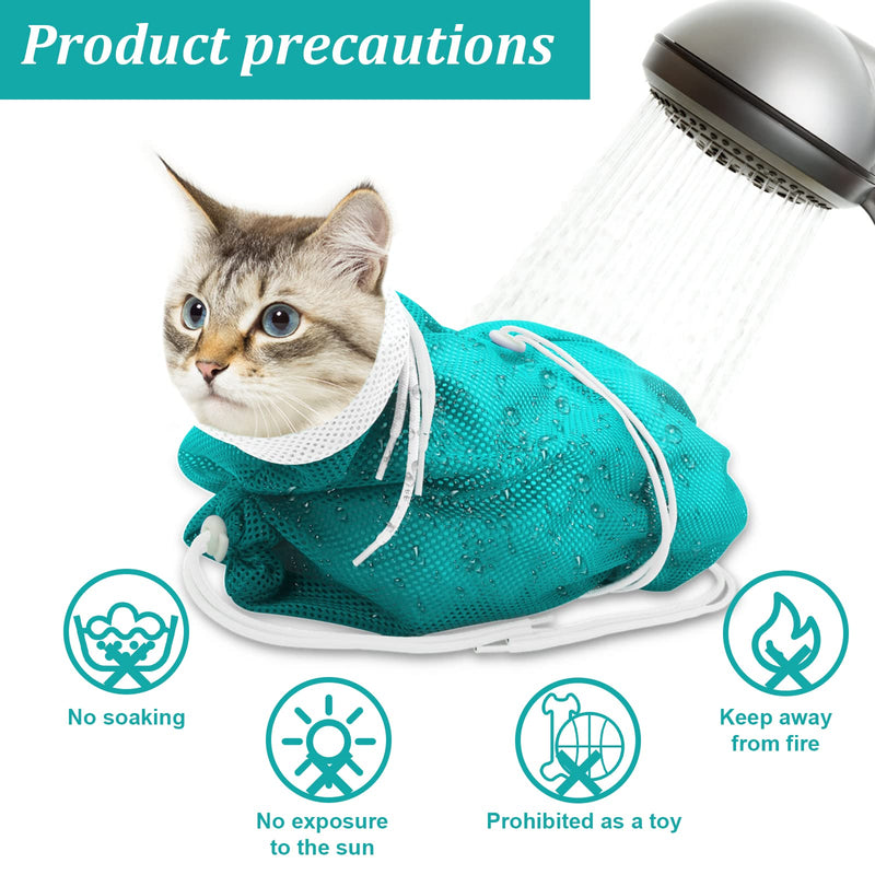 Cat Bathing Bag, Breathable Mesh Cat Shower Bag Anti Scratch Adjustable Cat Grooming Bag for Nail Trimming, Bathing Polyester Soft Cat Washing Bag (White-Green) White-Green