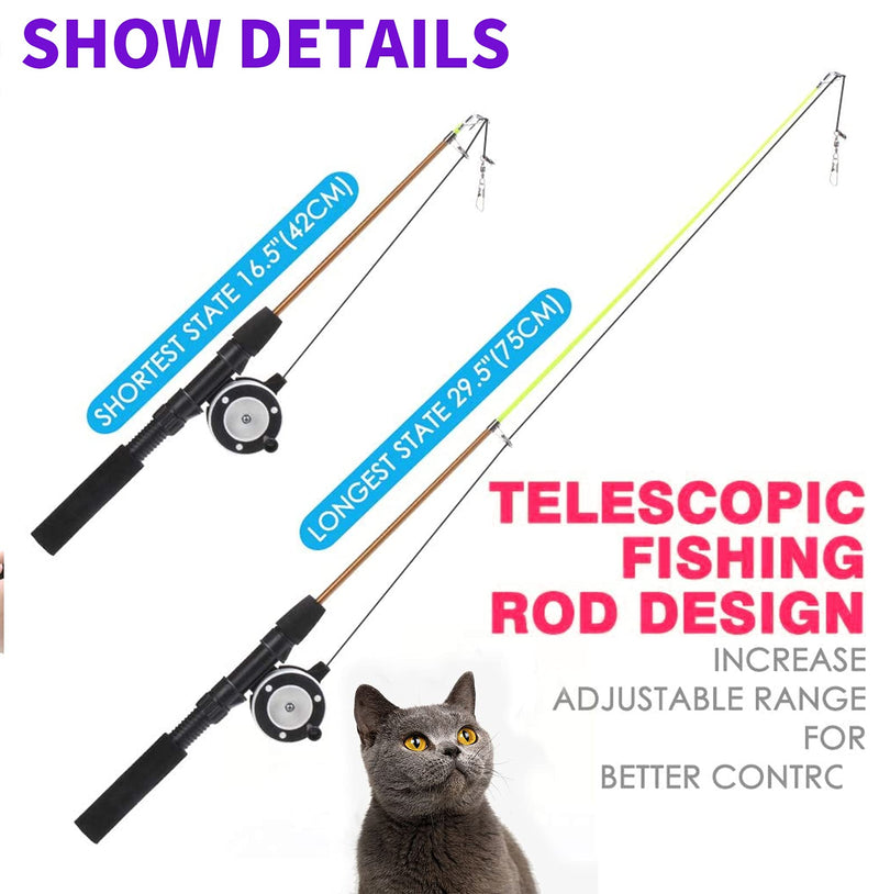 Retractable Cat Teaser Wand Toy, Cat Toys for Indoor Outdoor Cats Interactive Fishing Rod with 8 Pcs Refills Feather Toy, Plush Mouse Caterpillar & Fish