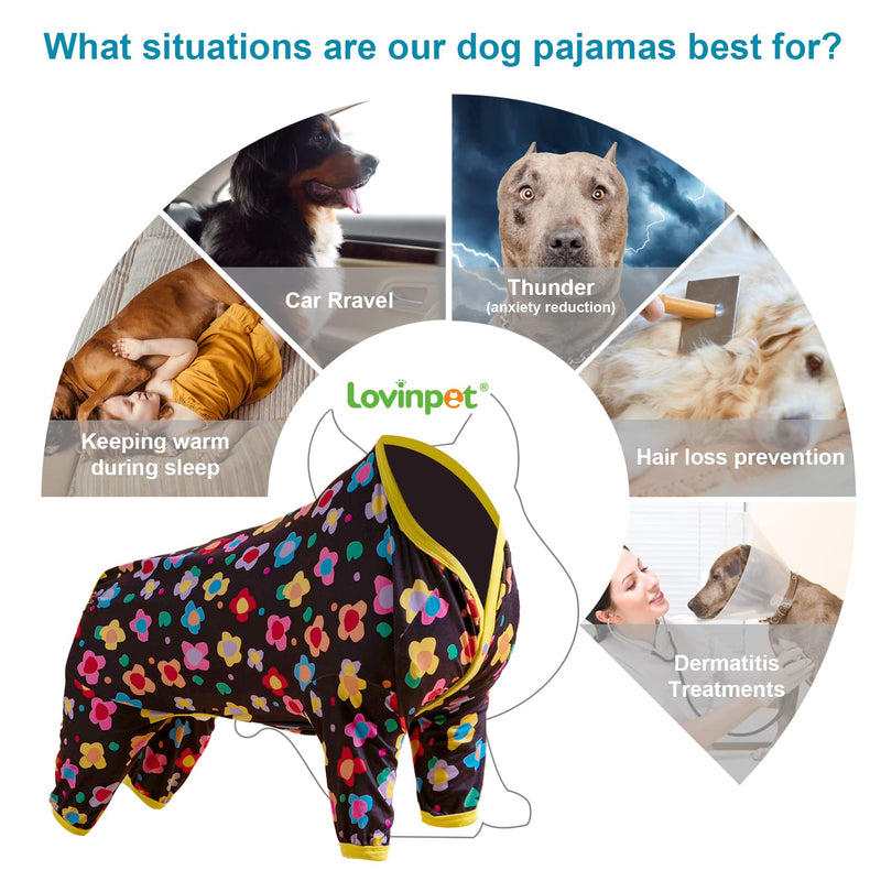 LovinPet Clothes for Labrador Pajama, Anxiety Calming Shirt,Anti Licking Dog Pajamas, Lightweight Fabric, Vintage Happy 2 Quilted Multi Print, Large Dog Pjs, Pitbull Clothes, Black Yellow 2XL XX-Large - PawsPlanet Australia