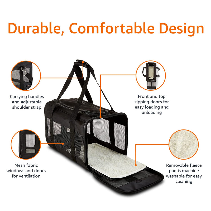 Amazon Basics Airline Approved Soft-Sided Mesh Pet Travel Carrier with Shoulder Strap, Removable Washable Fleece Pad, Top Opening, Ventilation for Dog, Cat, up to 22 pounds, 19.7Lx12Wx12H in., Black 20.0"L x 12.0"W x 12.0"H Without Wheels