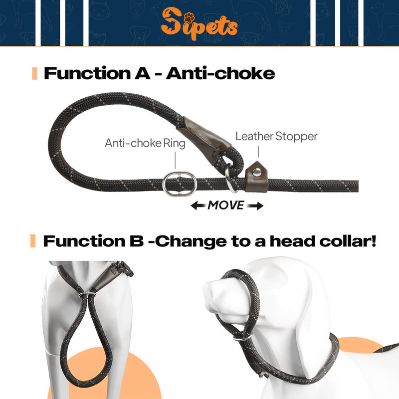 1.8m Rope Dog Lead, Slip-On Rope Leash No Collar or Harness Needed, Dog Training Leash, Suitable for Training or Walking, Adjustable Pet Lead (Black) Black - PawsPlanet Australia