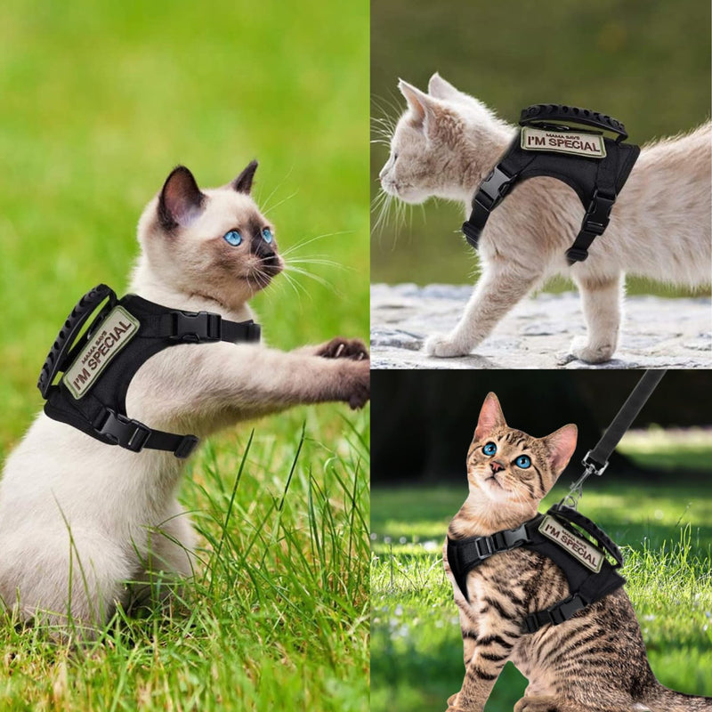 Tactical Cat Harness and Leash Set Soft Mesh Adjustable Large Cat Vest with Rubber Handle Easy to Control for Large Cat Small Dog Outdoor Walking Black